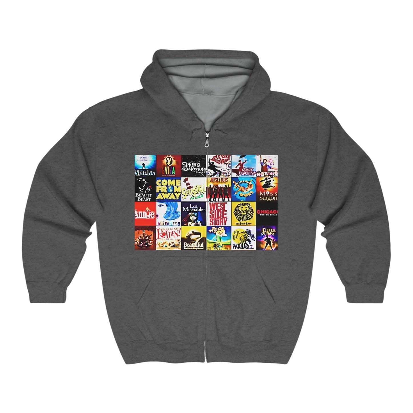 Broadway Collage Hoodie, Musical Theater Lover Gift, Full Zip Hooded Sweatshirt, Gift for Her, Gift for Him