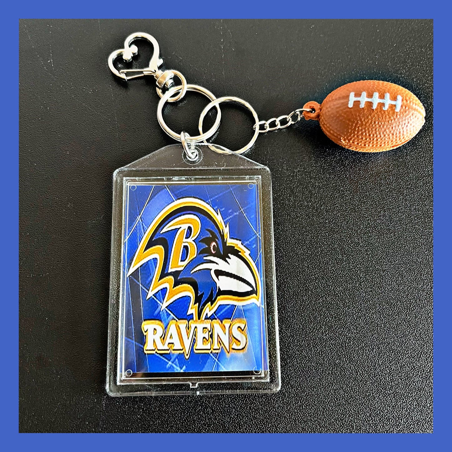 Football Ravens Keychain, Personalized Double Sided Photo with Football. Great accessories for purses, backpacks, Keys etc.