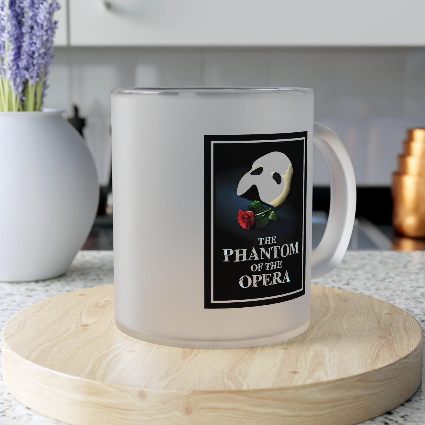 Phantom of the Opera Musical Theater Frosted Glass Mug. Gift for her. Gift for him.