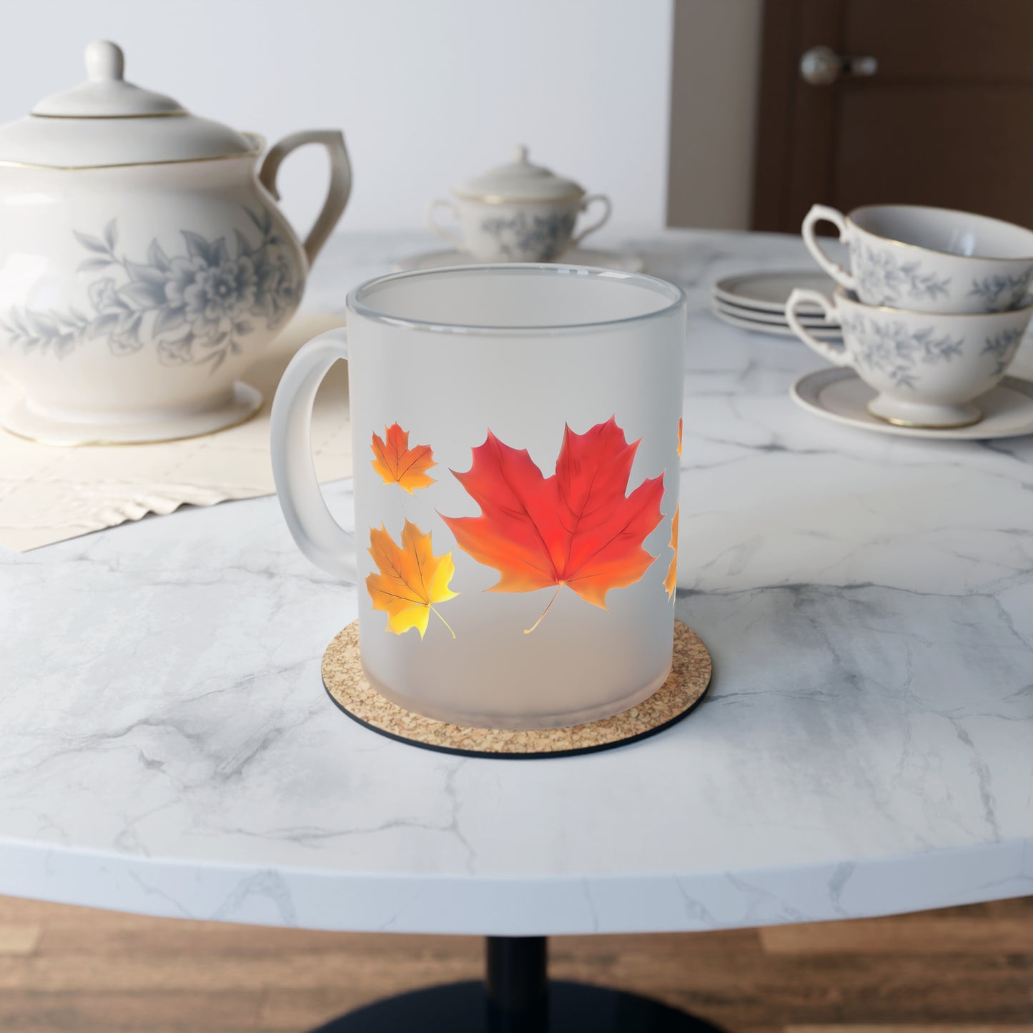 Autumn Leaves Frosted Glass Mug, Gift for him/her - Perfect for Tea & Coffee Lovers, Elegant Drinkware, Unique Kitchen Decor, Wedding