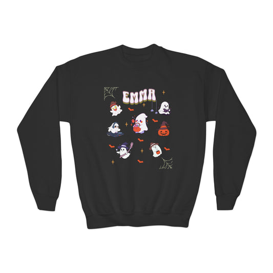 Holloween Youth Crewneck Sweatshirt. Trick or Treat. Ghost and Pumpkin Sheatshirt. Gift for her. Gift for him.