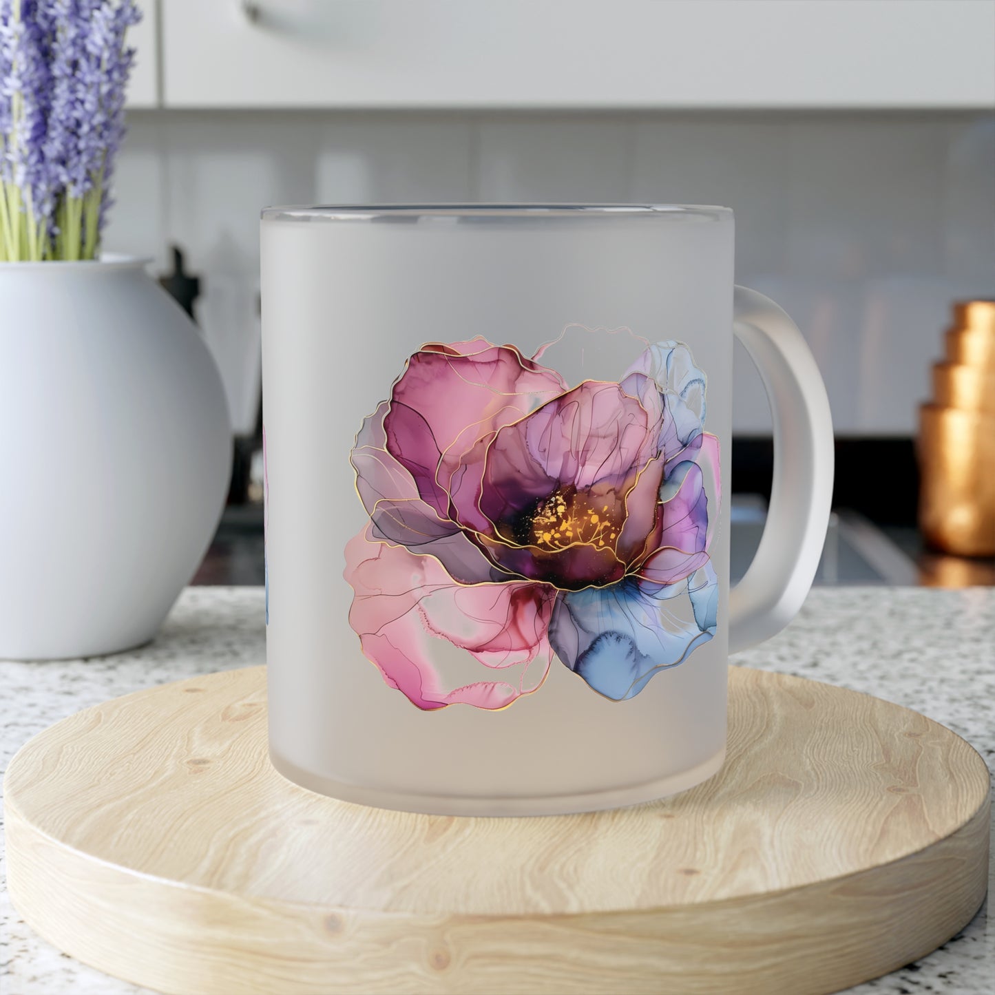 Floral Frosted Glass Mug. Gift for her. Gift for him.