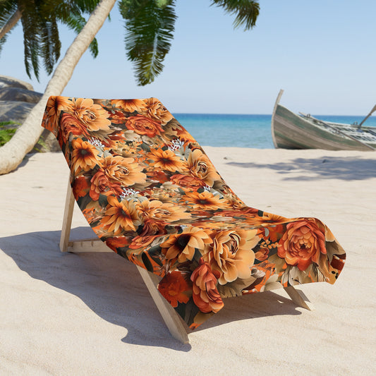 Autumn Floral Beach Towel - Tropical Vacation Towel, Summer Beach Blanket, Flower Print Oversized Towel, Bohemian Picnic Mat.