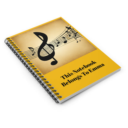 Personalized Spiral Notebook featuring a stylish music key design and your custom name. This notebook makes a thoughtful and unique gift.