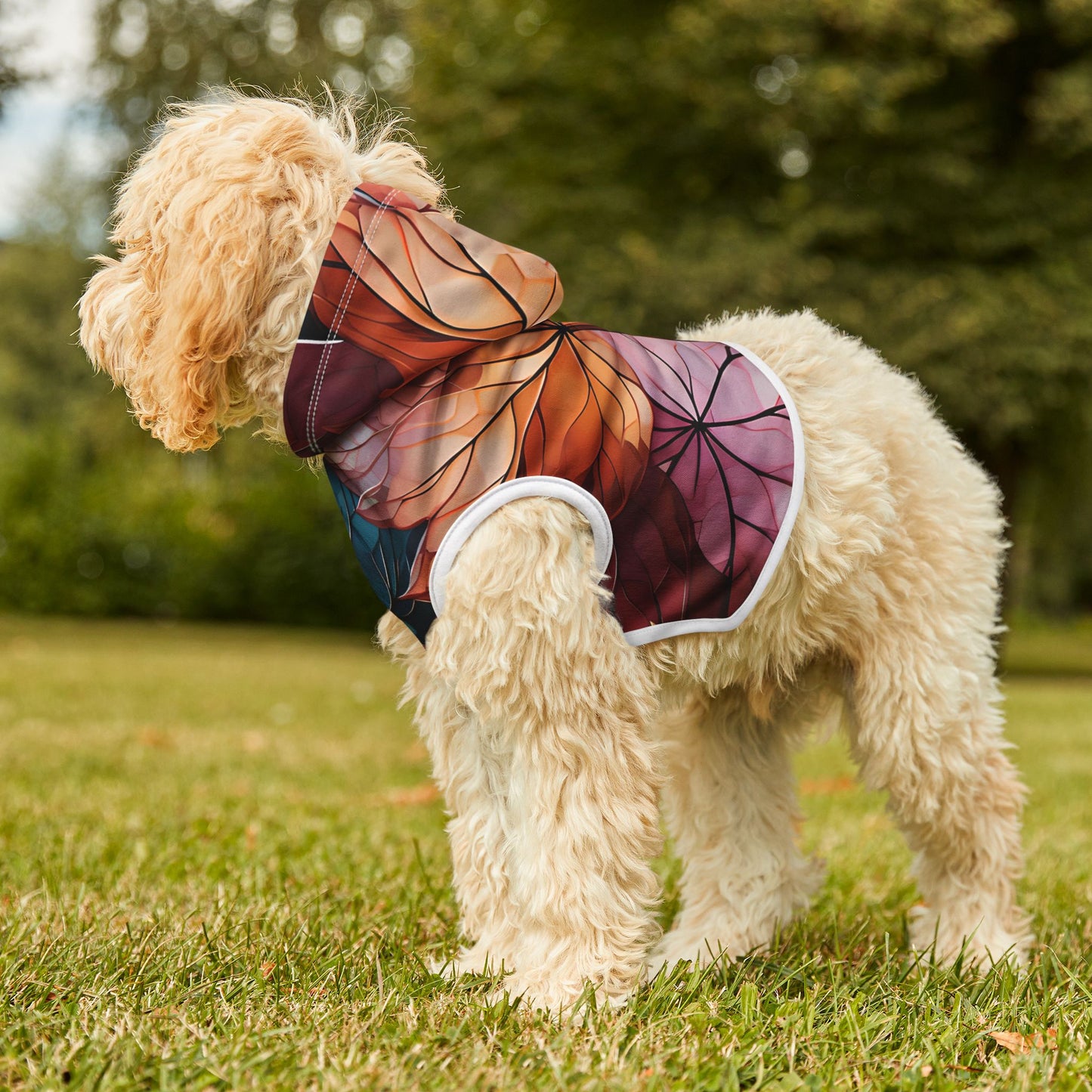 Autumn Leaves Pet Hoodie.  Ideal for pet lovers celebrating Halloween or Thanksgiving.