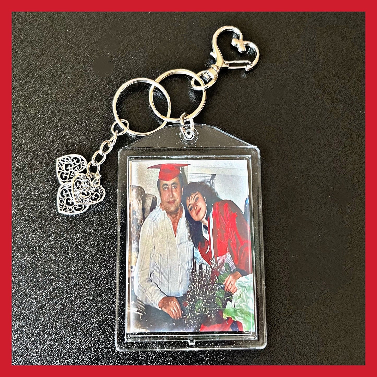 Customized Silver Keychain Personalized Double Sided Photo with Three of Hearts. Beautiful accessories for purses, backpacks, Keys etc.