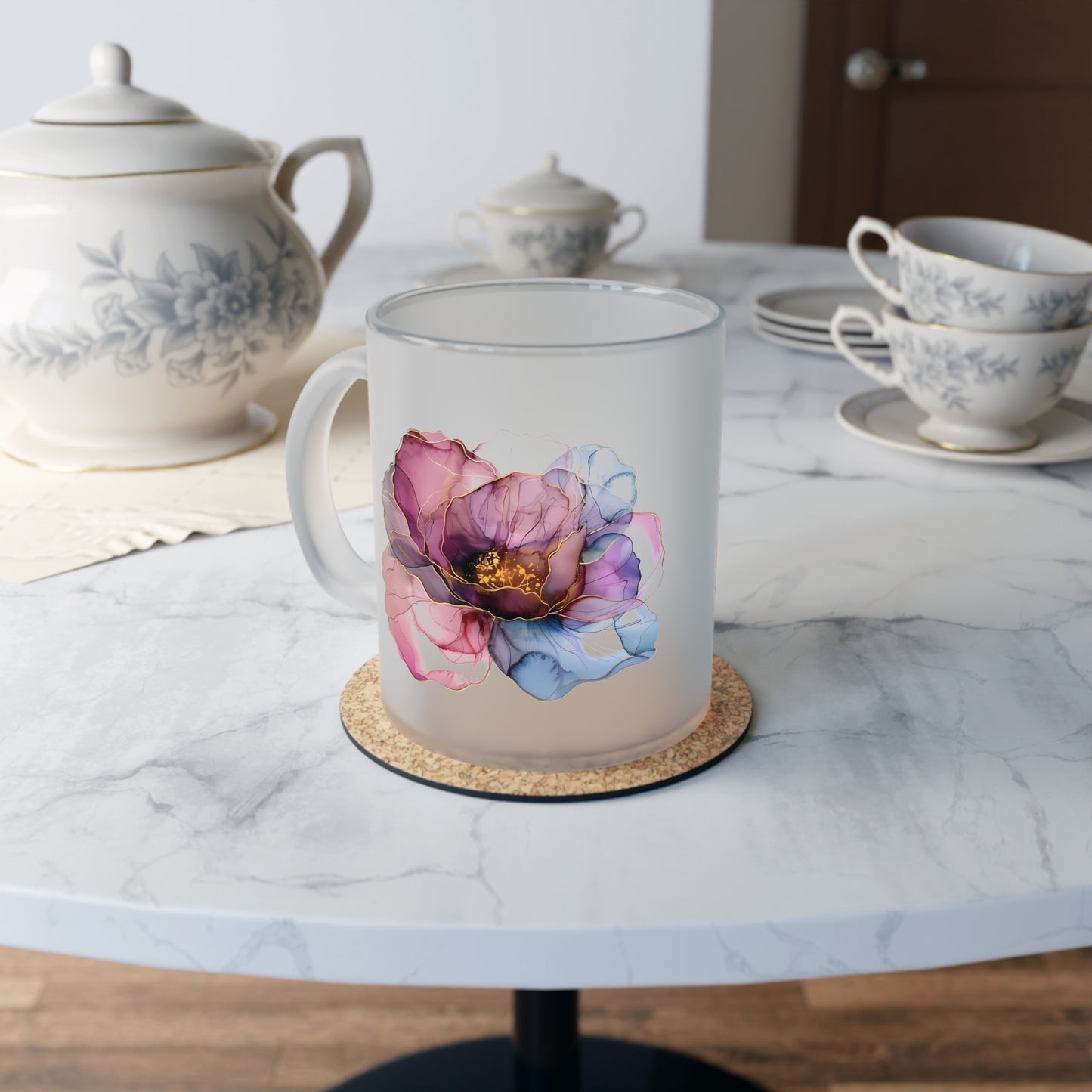 Floral Frosted Glass Mug. Gift for her. Gift for him.