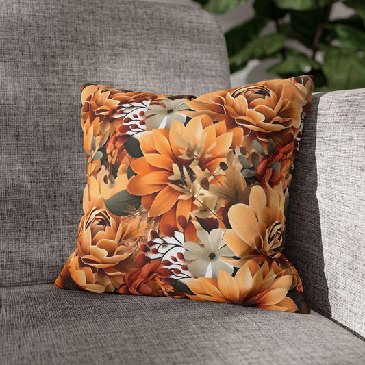 Autumn Flowers Square Pillowcase, Gift for Her, Home Decor, Throw Pillow Cover, Bedroom Decor, Bohemian Pillow Sham