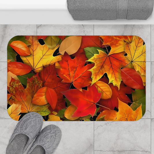 Autumn Leaves Bath Mat, Fall Foliage Bathroom Rug, Nature Inspired Home Decor, Rustic Cabin Washroom Mat, Seasonal Flora Bath Rug, Cozy