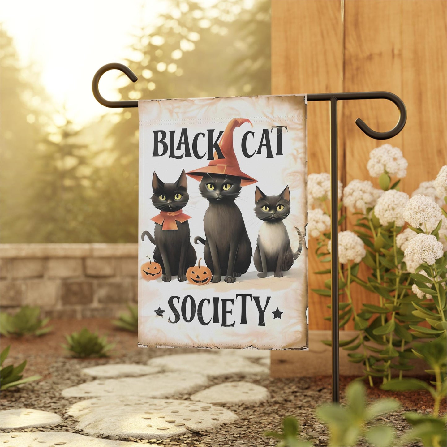 Black Cat Society Garden and House Banner. Elegant Weather-Resistant Cat Design for Outdoor and Indoor Decor.