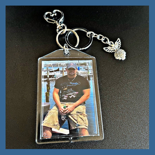 Father’s Day Memorial Customized Silver Keychain Personalized Double Sided Photo with Guardian Angel.