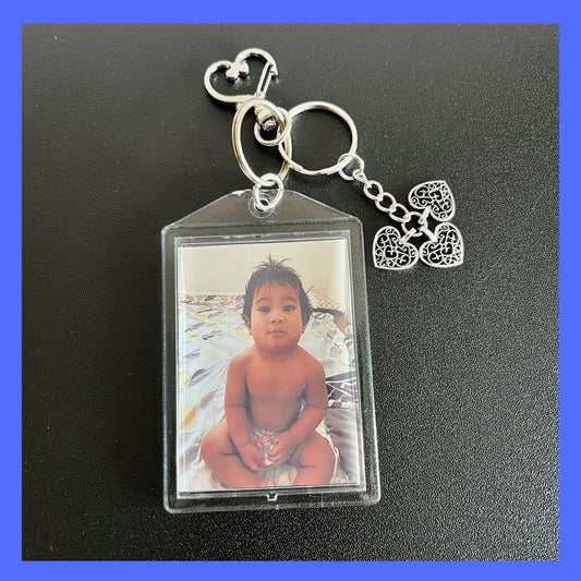 Customized Silver Keychain Personalized Double Sided Photo with Three of Hearts. Beautiful accessories for purses, backpacks, Keys etc.