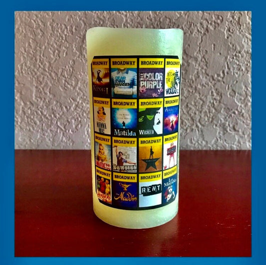 Broadway Musicals Theater Real Wax - unscented Glowing Warm White LED candle with Timer Dimensions: 3" D x 6" H (7.62 x 15.24 cm).