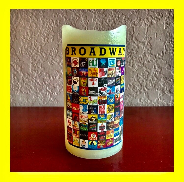 Broadway Lover, Broadway Musical Theater Unscented Pillar LED Flameless Candle w Timer. Musical Theater Fan Will Love Their Candles.