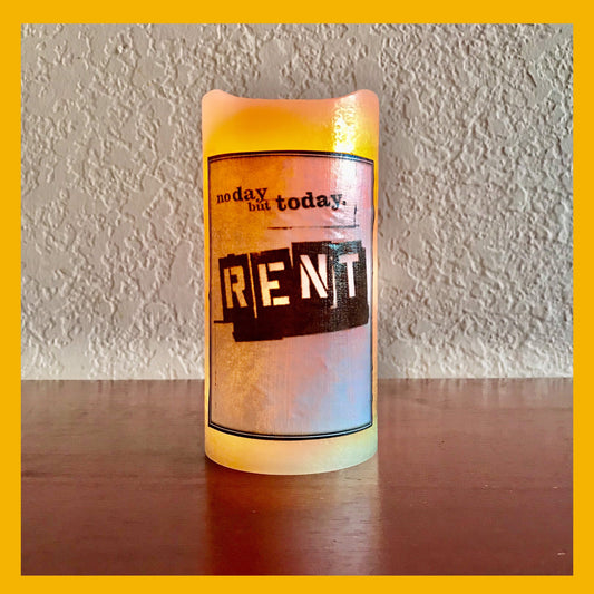 RENT abroad Musical Real Wax - unscented Glowing Warm White LED candle with Timer. Dimensions: 3" D x 6" H (7.62 x 15.24 cm).