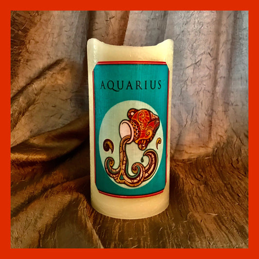 Zodiac Aquarius  Flameless Candle w Timer. Unique Gift for yourself & others. A Perfect Gift For Any Astrology Lover. Explore Now!