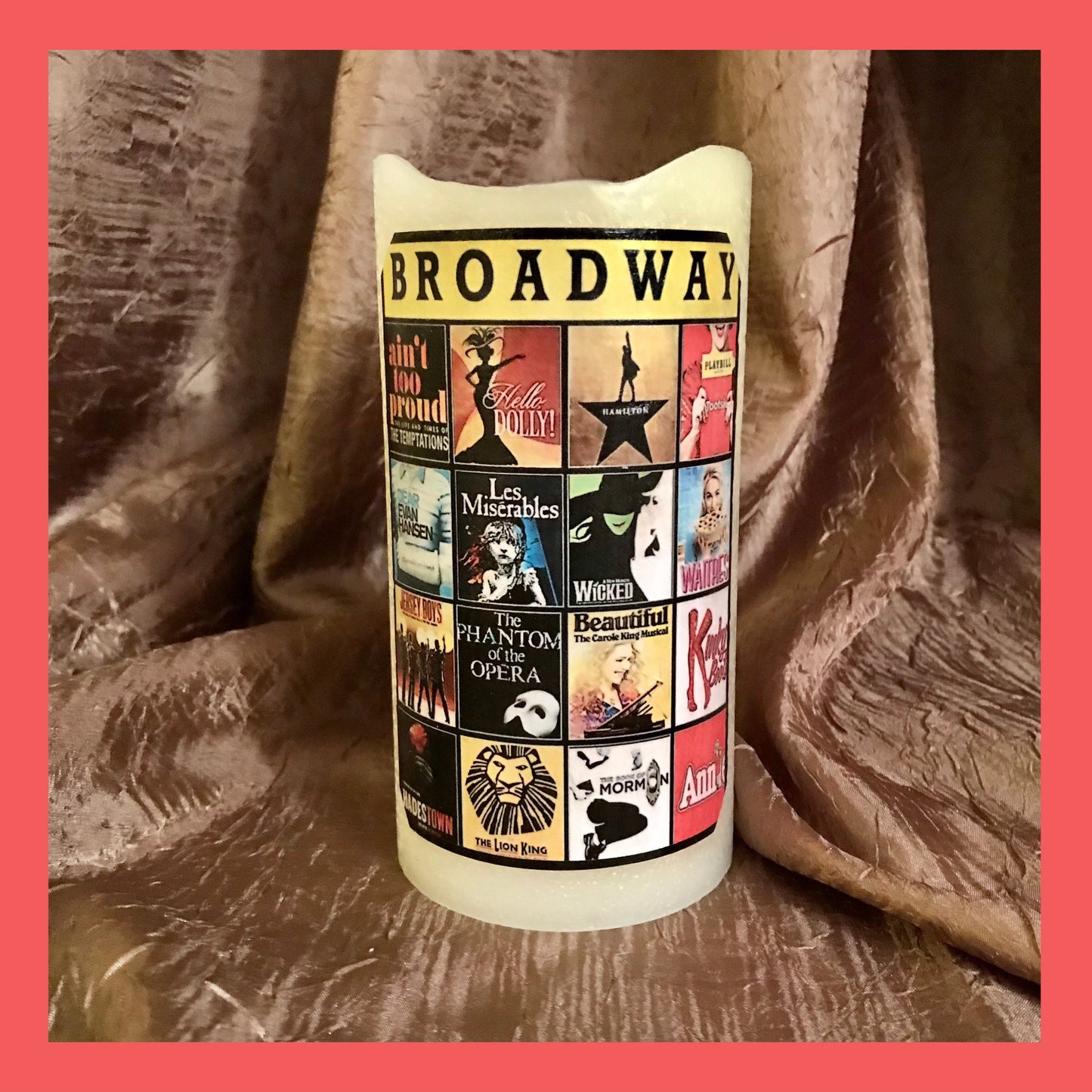 Broadway Musical Theater Pillar LED Flameless Candle w Timer. Musical Theater Fan will love their Broadway Candle gift!