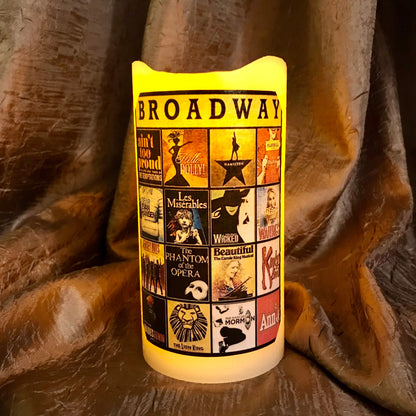 Handmade Broadway Musical Theater Unscented Pillar LED Flameless Candle w Timer. Musical Theater Fan Will Love Their Candles. Explore  Now!