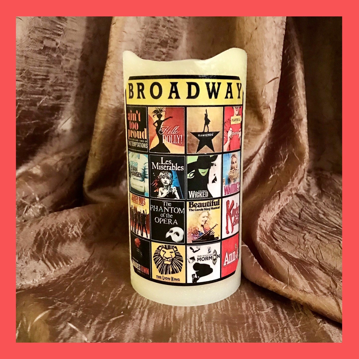 Handmade Broadway Musical Theater Unscented Pillar LED Flameless Candle w Timer. Musical Theater Fan Will Love Their Candles. Explore  Now!