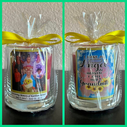 Personalized Memorial, Sympathy, Customized Glass Candle holders. Levender, Vanilla  or unscented Candle is included. Order yours today!