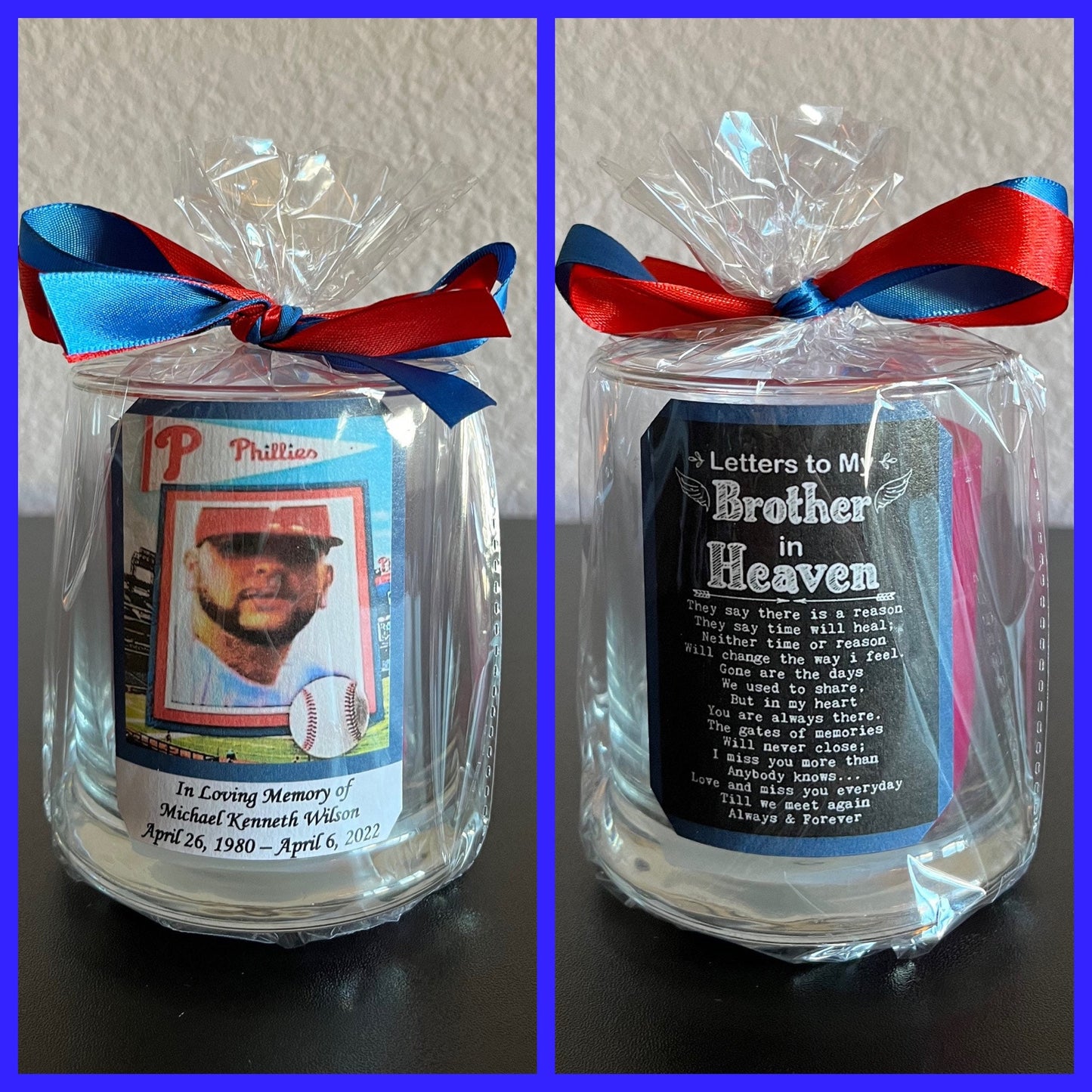 Brother, Memorial, Customized Glass Candle holders. Lavender, Vanilla  or unscented Candle is included. Memorial, Sympathy, Keepsakes Gift.