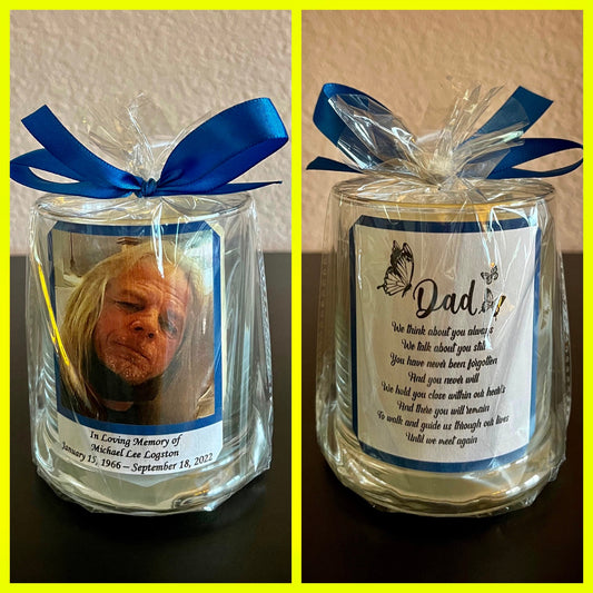 Memorial, Sympathy, Customized Glass Candle holders. Levender, Vanilla  or unscented Candle is included. Memorial, Sympathy, Keepsakes Gift.