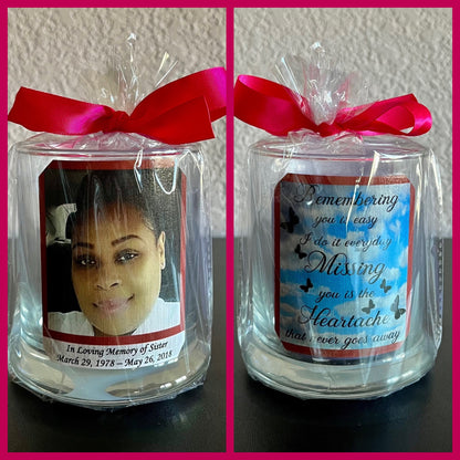 Personalized Memorial, Sympathy, Glass Candle holders. Levender, Vanilla  or unscented Candle is included. Memorial, Keepsakes Gift