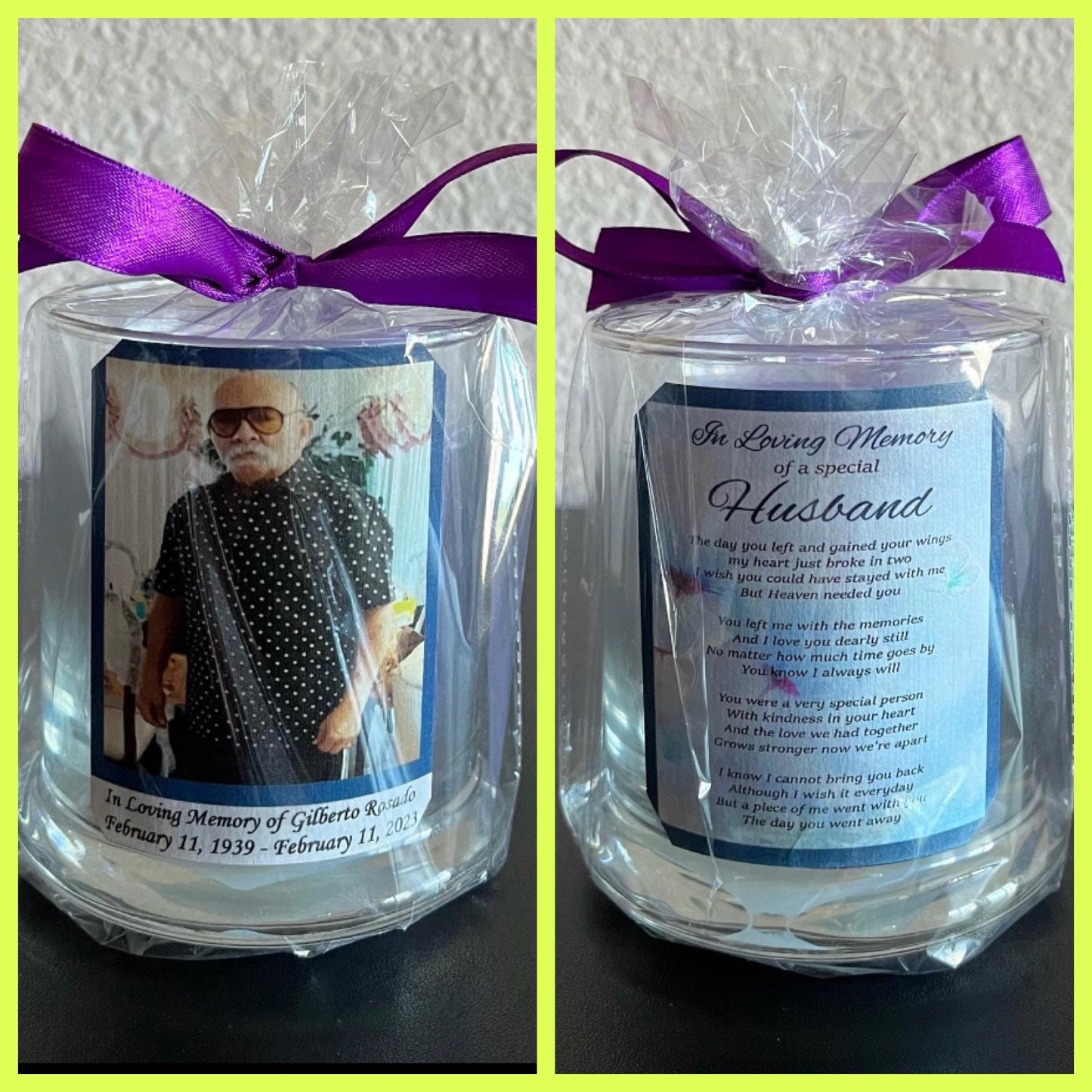 Husband Memorial, Sympathy, Customized Glass Candle holders. Memorial, Sympathy, Keepsakes Gift.