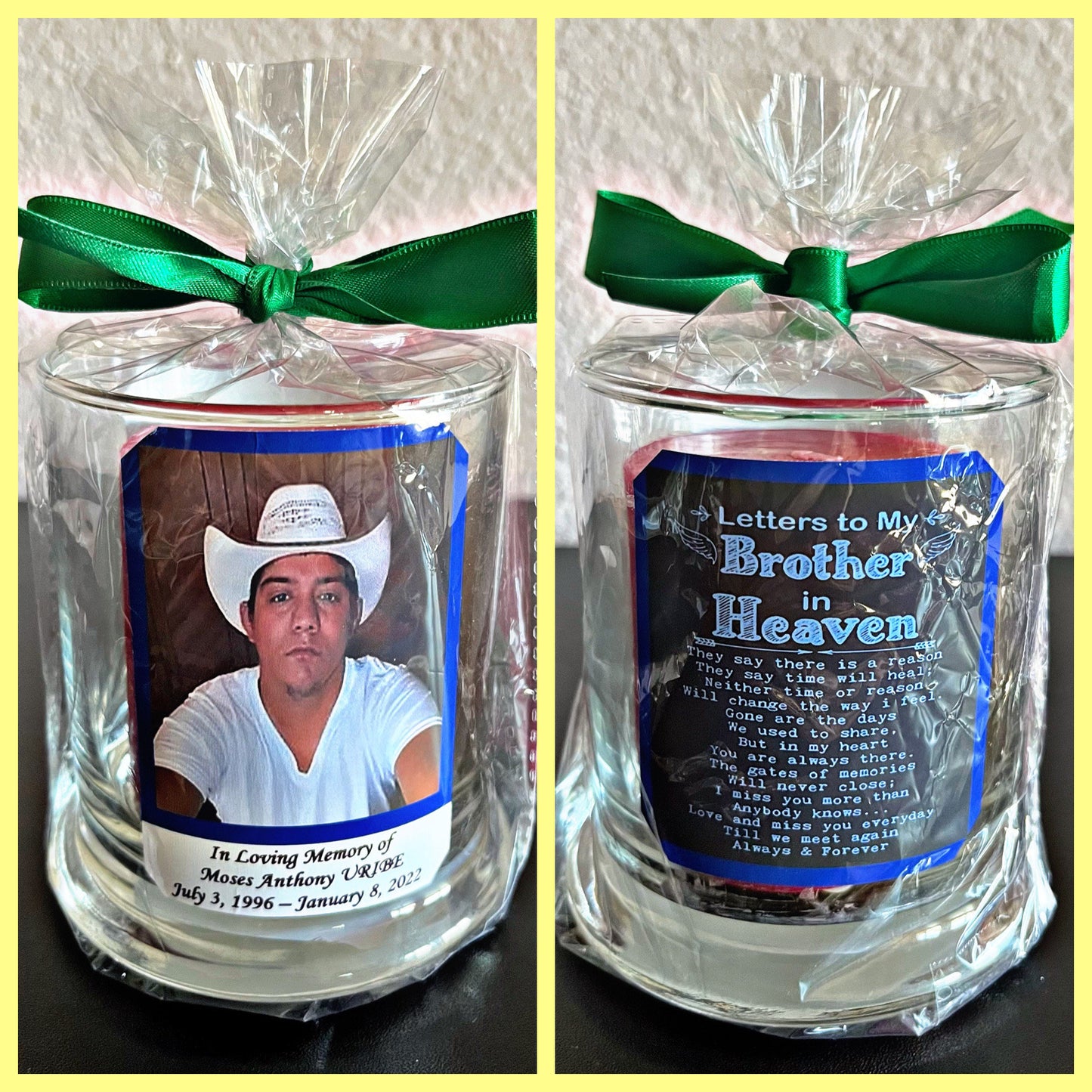 Candle  Memorial Customized Glass Candle holders. Lavender, Vanilla  or unscented Candle is included. Order yours today!