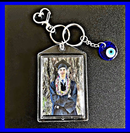 Graduate Blue Glass Evil Eye Personalized Double Sided Picture Keychain. Beautiful accessories for purses, backpacks, keys etc.