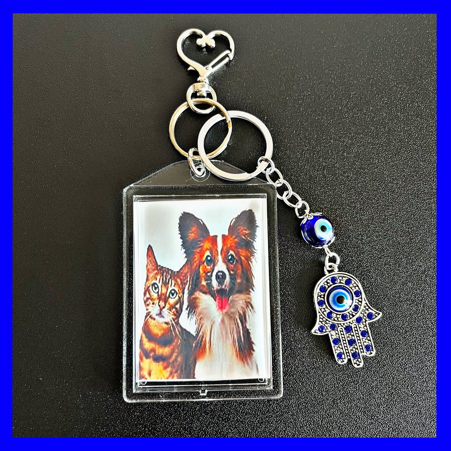 Dog, Cat, Pet, Hamsa Hand with Evil Eye  Protection,  Personalized Double Sided Keychain. Beautiful accessories for purses, backpacks, Keys