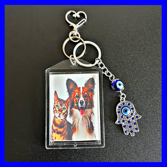 Dog, Cat, Pet, Hamsa Hand with Evil Eye  Protection,  Personalized Double Sided Keychain. Beautiful accessories for purses, backpacks, Keys