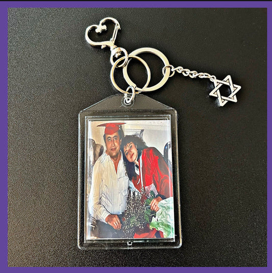 Customized Silver Keychain Personalized Double Sided Photo with Star of David. Beautiful accessories for purses, backpacks, Keys etc