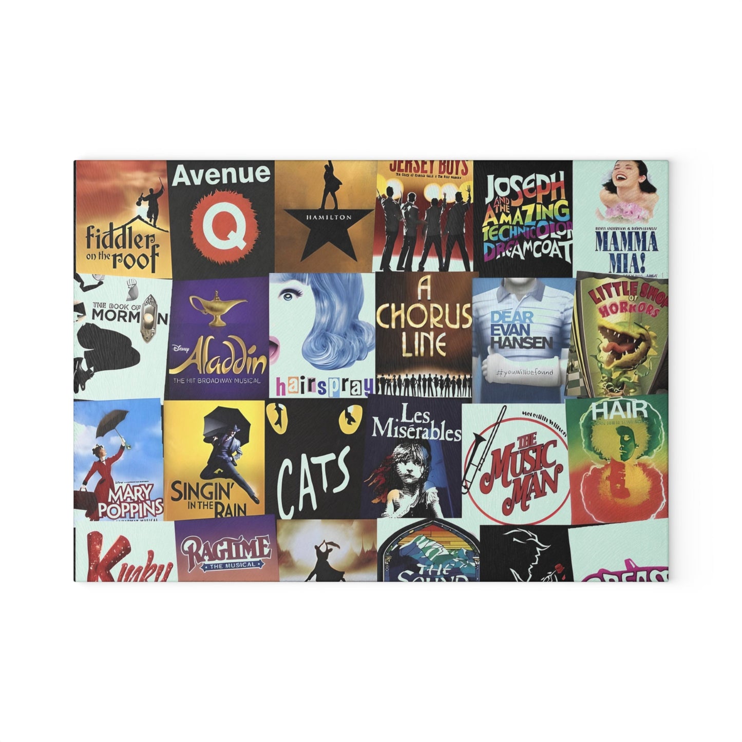 Broadway Musical Theater Collage Glass Cutting Board. Great gift for Broadway Enthusiast. Gift for her. Gift for him.