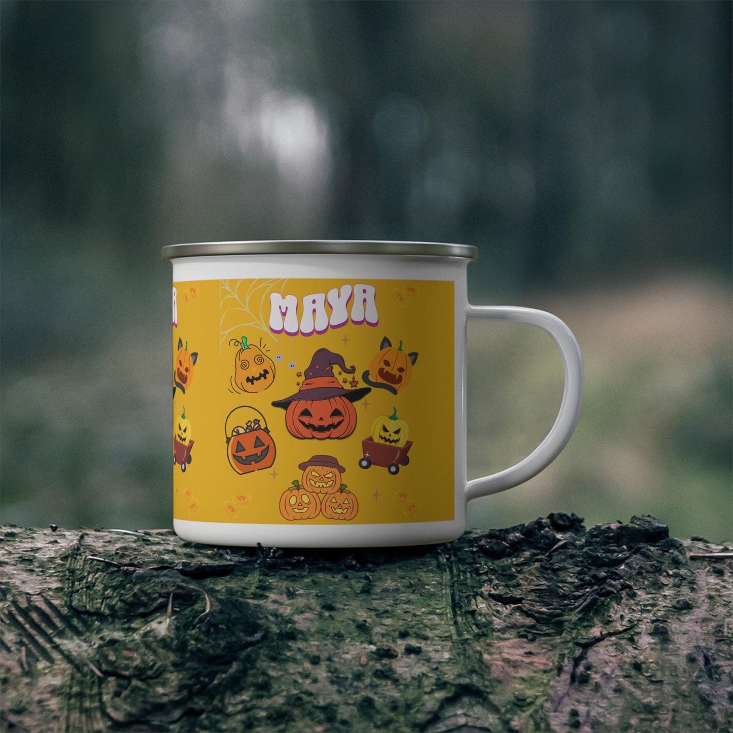 Personalized Name Enamel Camping Mug – Custom Halloween Gift for Him or Her – Unique Camping Mug for Spooky Season