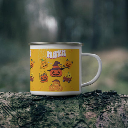 Personalized Name Enamel Camping Mug – Custom Halloween Gift for Him or Her – Unique Camping Mug for Spooky Season