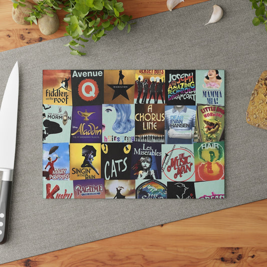 Broadway Musical Theater Collage Glass Cutting Board. Great gift for Broadway Enthusiast. Gift for her. Gift for him.