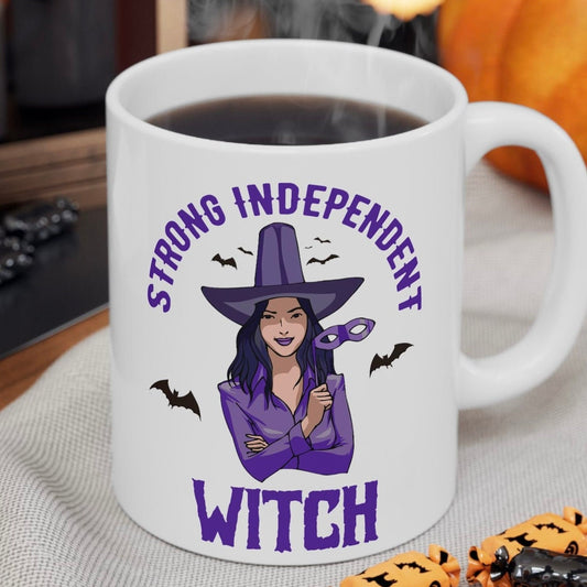 Strong Independent Witch Halloween Ceramic Mug – Customizable 11oz & 15oz – Perfect Gift for Halloween Enthusiasts