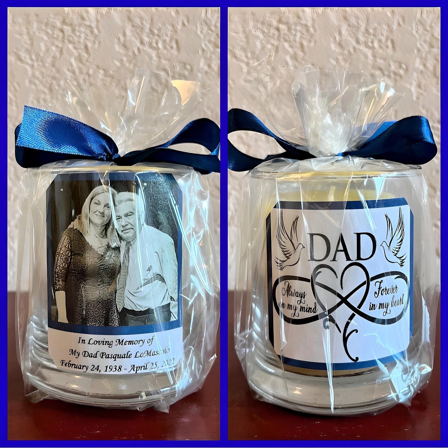 Dad, Memorial, Sympathy, Customized Candle holders. Levender or unscented Candle is included. Memorial, Sympathy, Keepsakes Gift.