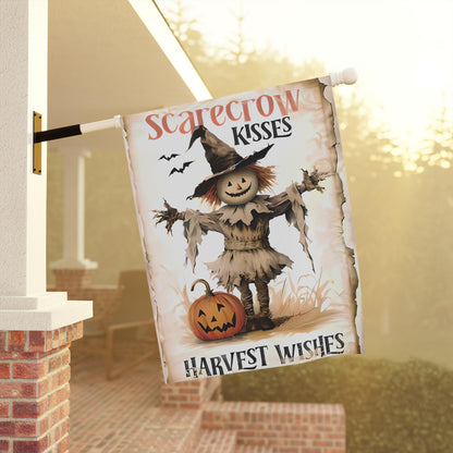 Scarecrow Kisses Harvest Wishes Garden and House Banner. Elegant Weather-Resistant Cat Design for Outdoor and Indoor Decor.