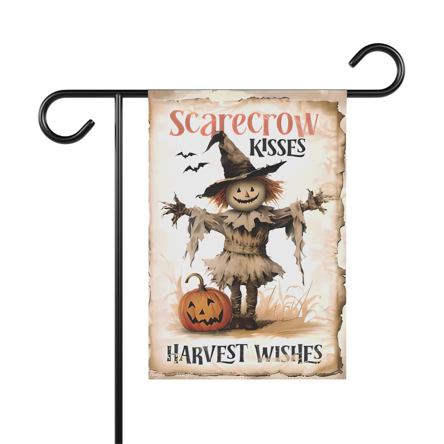 Scarecrow Kisses Harvest Wishes Garden and House Banner. Elegant Weather-Resistant Cat Design for Outdoor and Indoor Decor.