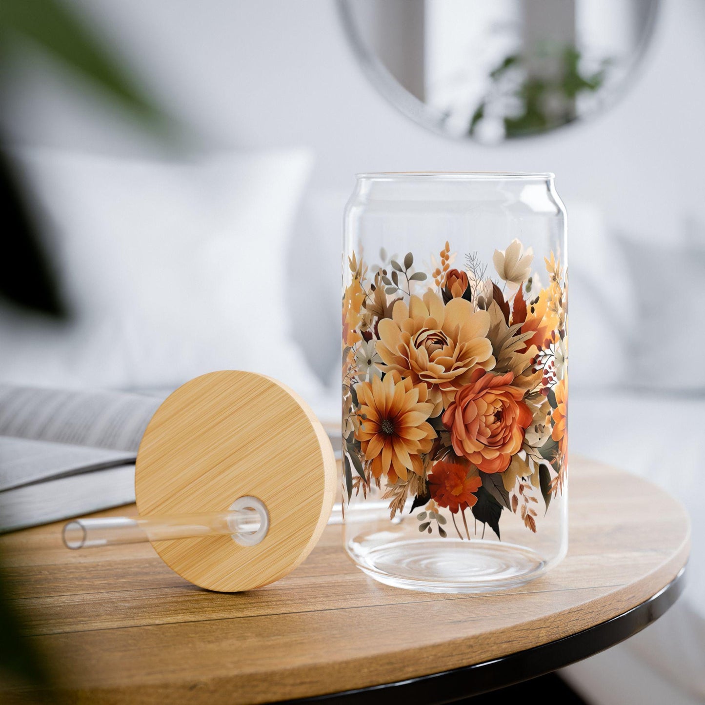 Autumn Floral Sipper Glass, 16oz.  durable, sleek, and perfect for refreshing cocktails, juices, or any beverage you fancy.