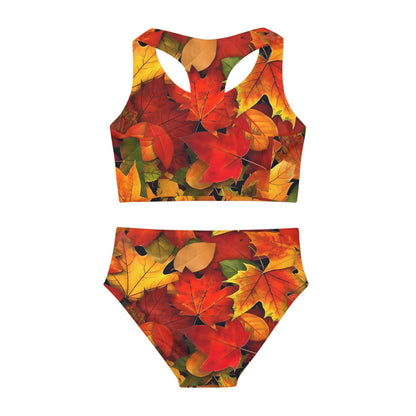 Autumn Leaves Swimsuit Set, Girls Swimwear, Beach Bikini, Autumn Leavesl Two Piece Bathing Suit, Kids Summer Pool Outfit