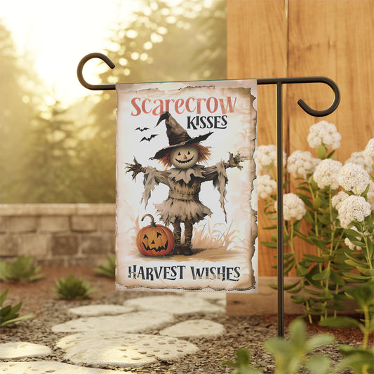 Scarecrow Kisses Harvest Wishes Garden and House Banner. Elegant Weather-Resistant Cat Design for Outdoor and Indoor Decor.