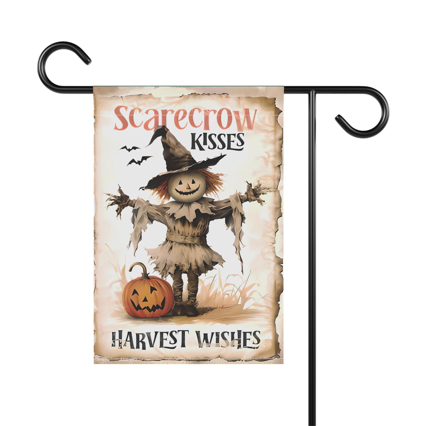 Scarecrow Kisses Harvest Wishes Garden and House Banner. Elegant Weather-Resistant Cat Design for Outdoor and Indoor Decor.