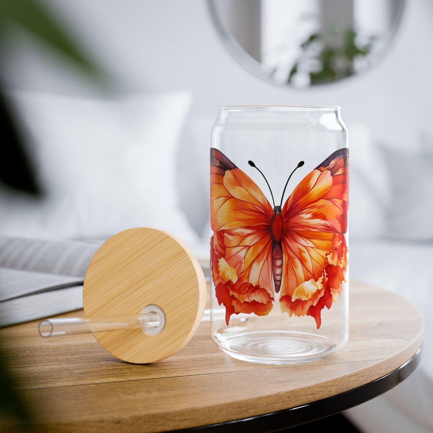 Boho Butterfly Sipper Glass, 16oz.  durable, sleek, and perfect for refreshing cocktails, juices, or any beverage you fancy.