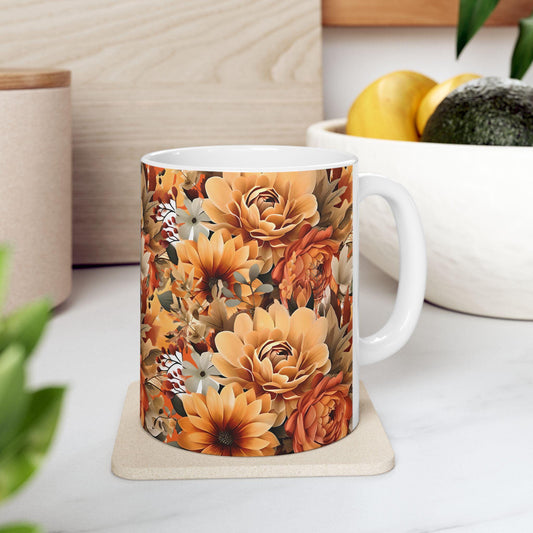 Autumn Floral Ceramic Mug, Watercolor Coffee Cup Gift for Her or Him - Unique, Trendy, Artistic, Colorful, Kitchen Decor, Birthday Present.