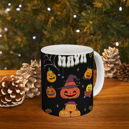 Personalized Halloween Mug – Custom Name Ceramic Mug – Spooky Season Gift – Perfect for Halloween Enthusiasts.  11 oz. 15 oz)