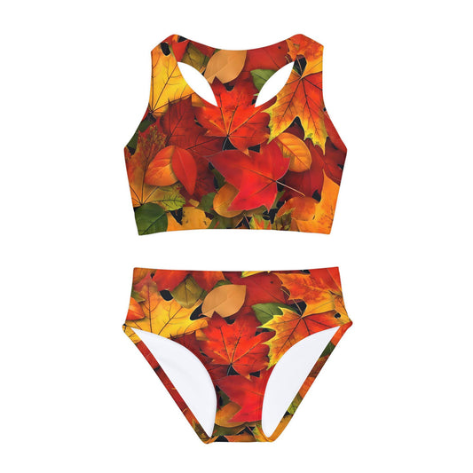 Autumn Leaves Swimsuit Set, Girls Swimwear, Beach Bikini, Autumn Leavesl Two Piece Bathing Suit, Kids Summer Pool Outfit