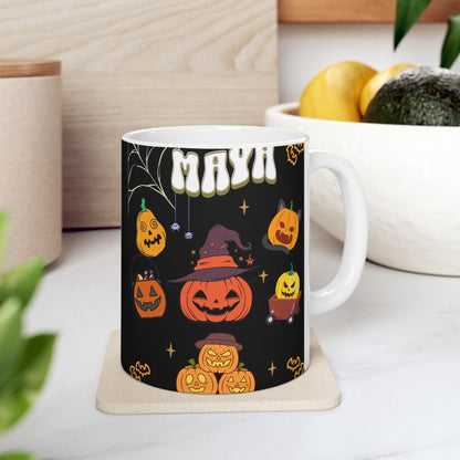 Personalized Halloween Mug – Custom Name Ceramic Mug – Spooky Season Gift – Perfect for Halloween Enthusiasts.  11 oz. 15 oz)